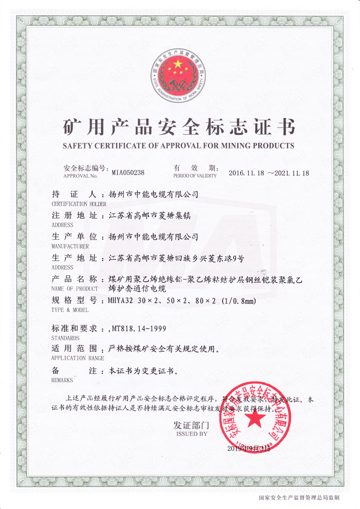矿用产品安全标志证书MHYA32-(30~80)X0.8