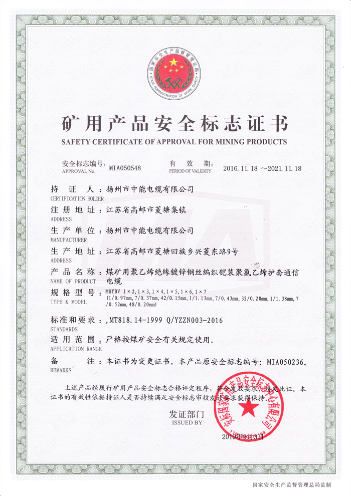 矿用产品安全标志证书MHYBV(1X2-1X7)芯