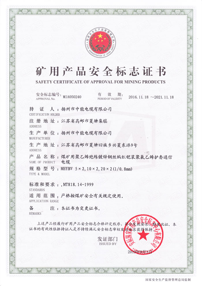 矿用产品安全标志证书MHYBV5X2-20X2(对0.8mm)