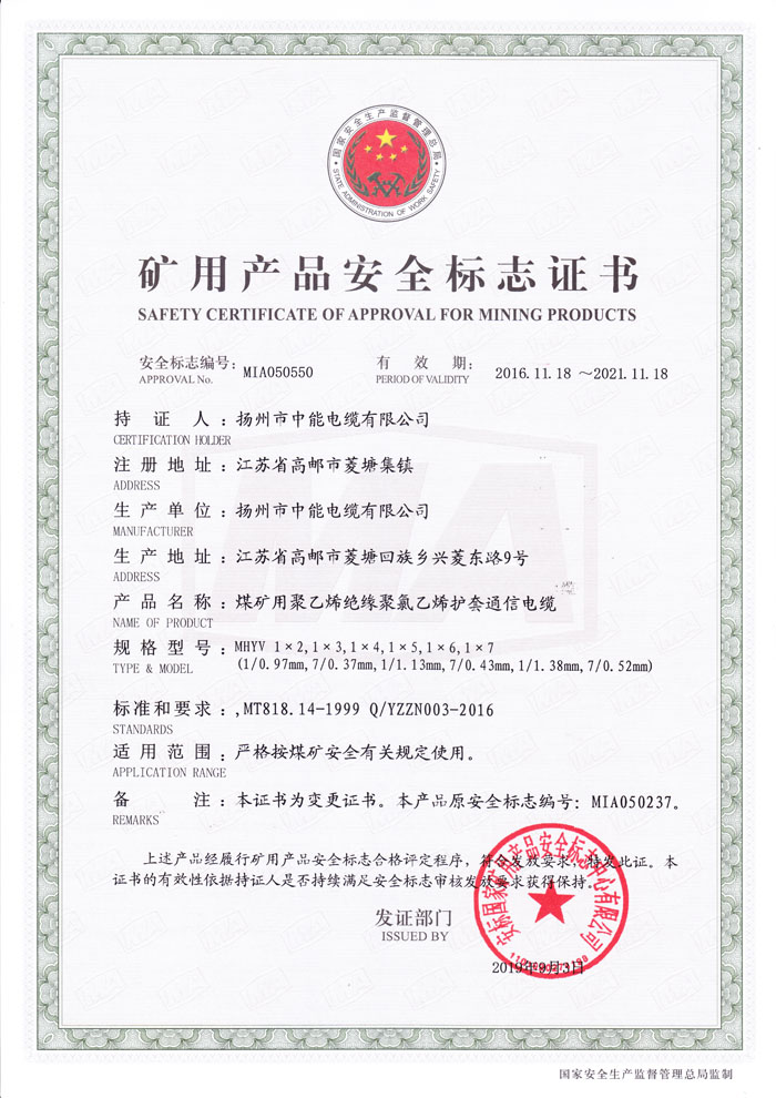 矿用产品安全标志证书MHYV（1x2-1x7）芯